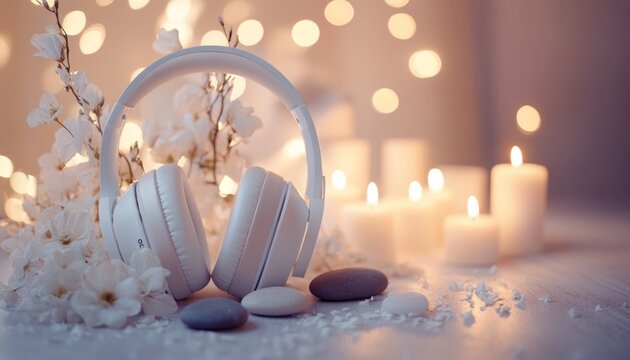 Calm and serene setting with white headphones resting on smooth stones gentle candlelight and blooming flowers in a soft focus background promoting relaxation tranquility and mindfulness