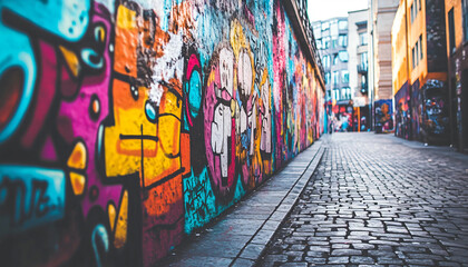 Fototapeta premium A graffiti-covered urban wall, showcasing vibrant colors, bold lines, and an edgy, artistic vibe