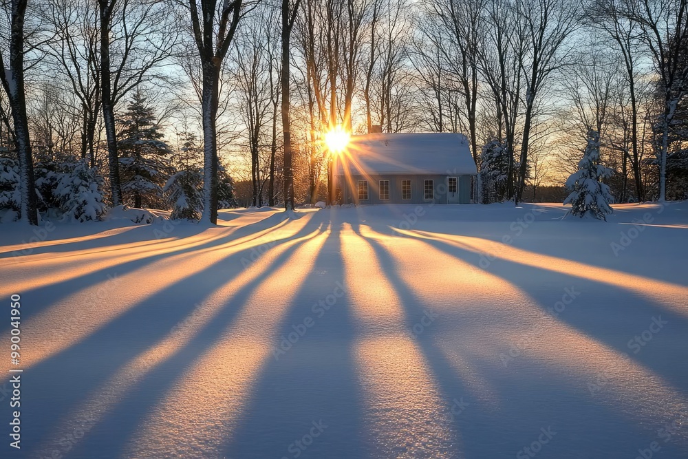 Poster Sun-kissed Snowscape with a Cabin and Long Shadows