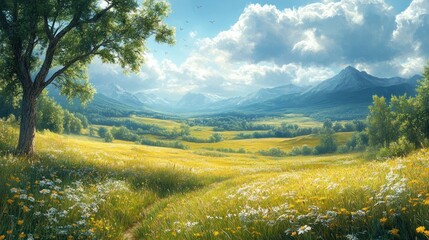 Obraz premium A serene landscape featuring mountains, meadows, and a vibrant sky.