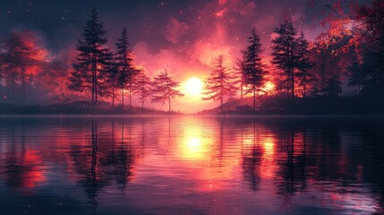 Red Sunset Over Forest Lake