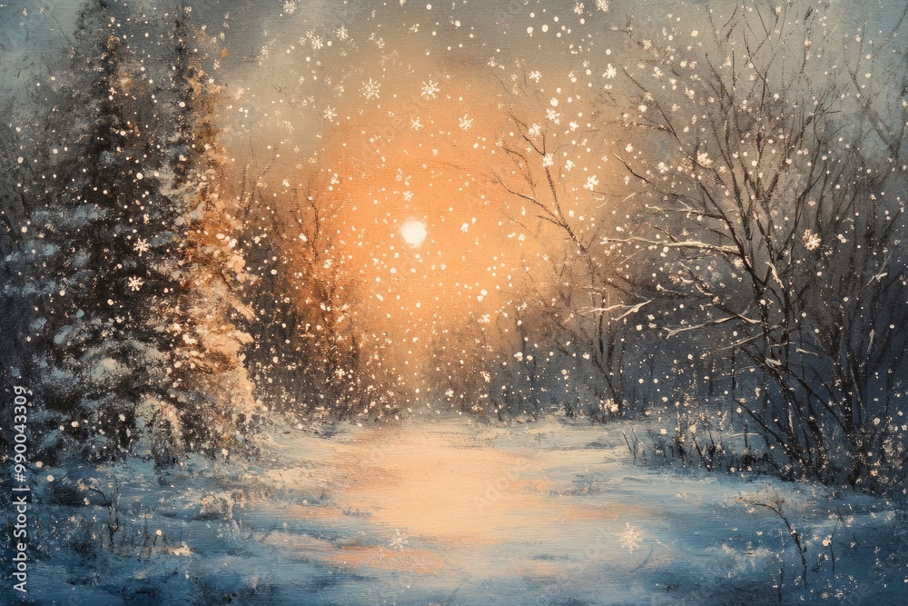 Sticker Snowy Forest Path with Sunset and Falling Snowflakes