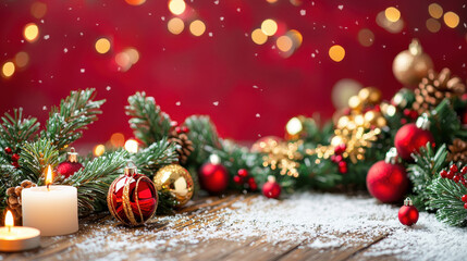 Festive holiday arrangement with candles, ornaments, and pine branches, creating a warm Christmas atmosphere against a blurred red background