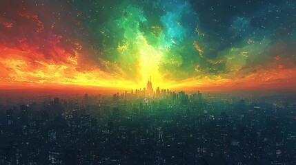 Obraz premium Night Cityscape with Colorful Sunset and Stars