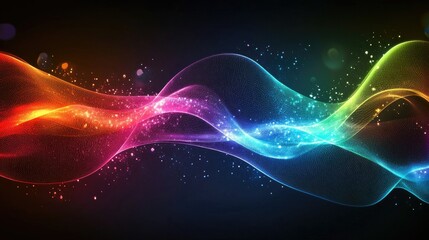 Abstract rainbow light waves radiating energy, forming a dynamic, colorful composition on a dark background.