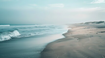 ene early morning scene with soft light, empty beaches, and gentle waves. 