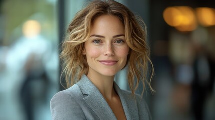 Fototapeta premium Smiling businesswoman with freckles posing in modern office building
