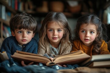 Three Kids Reading a Book Together