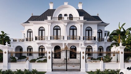 Obraz premium mansion with a grand architectural style. The house features a white exterior with intricate gold accents and ornate detailing on the railings and gates