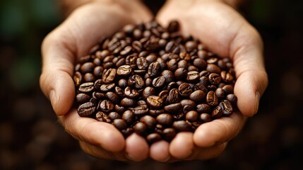 Farmer holding freshly roasted coffee beans in hands