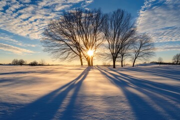 Silhouetted Trees with Long Shadows on a Snowy Field at Sunset
