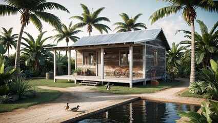 Fototapeta premium rustic, wooden house situated in a tropical environment. The house features a corrugated metal roof and weathered wooden walls, with a small porch area.
