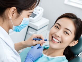 Smiling Woman Receiving Dental Care from Dentist