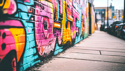 Fototapeta premium A graffiti-covered urban wall, showcasing vibrant colors, bold lines, and an edgy, artistic vibe