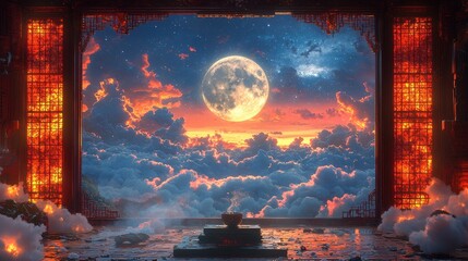 Fototapeta premium Mystical Asian Architecture with Full Moon and Clouds