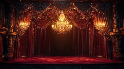 A grand classical stage featuring a chandelier with dimmed golden light, The platform is carpeted in deep red