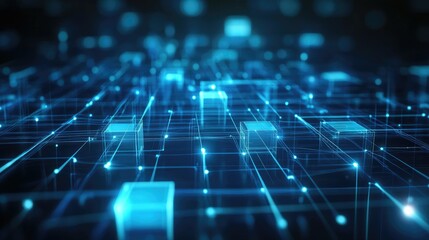 Abstract technology background with blue wireframe squares and lines connected in a plexus network.