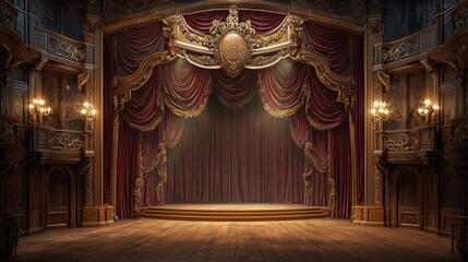 A grand classical stage with richly detailed woodwork and heavy burgundy curtains, The lighting is subtle and warm