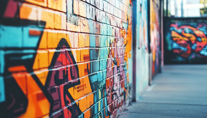 Naklejka premium A graffiti-covered urban wall, showcasing vibrant colors, bold lines, and an edgy, artistic vibe