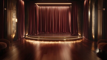 A luxurious platform with polished wood floors and muted amber lighting, The backdrop includes deep burgundy curtains with subtle gold accents