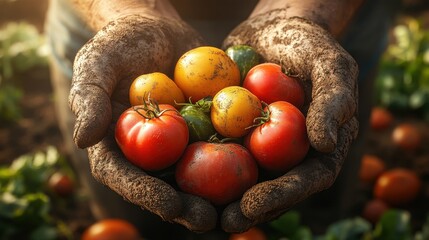 Close Up of Dirty Hands Holding Freshly Picked Tomatoes and Yellow Vegetables From a Garden