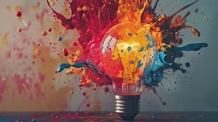 Shattered light bulb with vibrant paint splatters radiating from it, capturing the essence of innovative ideas. 