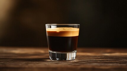 A single shot of espresso in a clear glass on a wooden table.