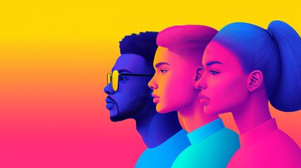 Vibrant Digital Art of Diverse Individuals in Profile with Bold Gradient Background