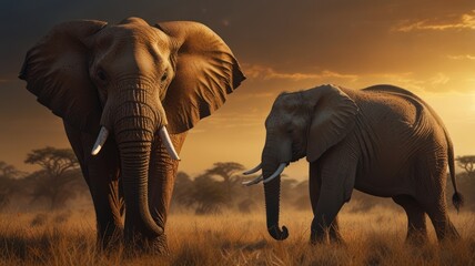 Obraz premium Two Elephants in the African Savanna at Sunset
