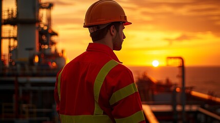 Engineer Overlooking Industrial Facility at Sunset, Representing Environmental Social Governance (ESG) in Modern Industry
