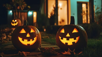 Fototapeta premium Eco-friendly Halloween decorations featuring minimalistic and chic pumpkin designs. This contemporary setup showcases sustainable living and sleek design elements that enhance the festive atmosphere