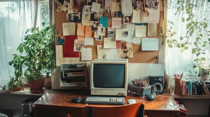 An eclectic bulletin board full of notes and photos hangs above a retro desk with an old computer.