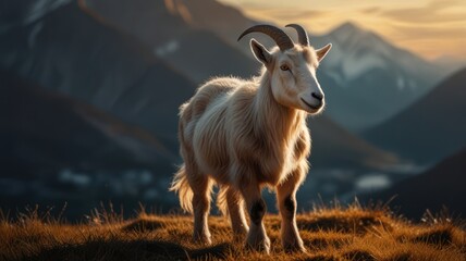 Obraz premium Goat on Mountain Peak at Sunset