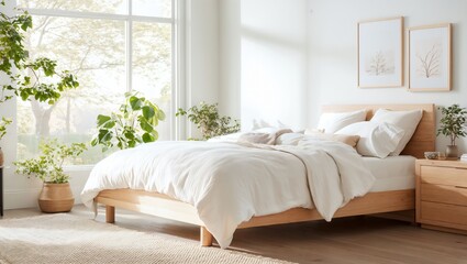 A peaceful and bright bedroom showcasing a beautifully made bed, surrounded by lush greenery, inviting natural light, creating a relaxed and refreshing atmosphere for restful sleep.