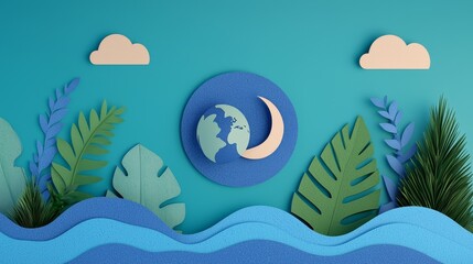 Environment Social Governance (ESG) Concept with Paper Art Cut Design Featuring Earth, Leaves, and Waves on a Blue Background