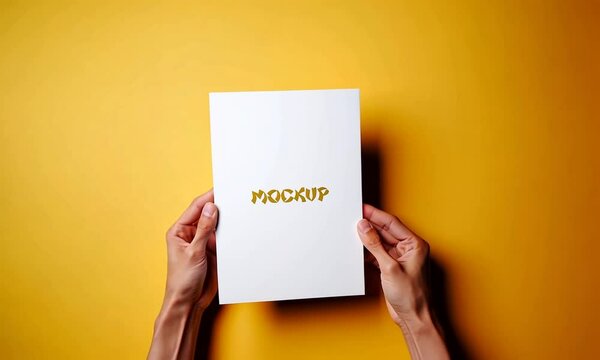Mock-up avec une puis deux mains d'homme tenant une feuille A4 blanche en orientation portrait avec texte en anglais "Mockup" sur un fond jaune moutarde,projets de pr&eacute;sentation, branding ou affichage
