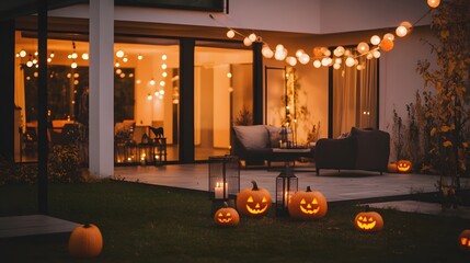 Obraz premium Eco-friendly Halloween decorations featuring minimalistic and chic pumpkin designs. This contemporary setup showcases sustainable living and sleek design elements that enhance the festive atmosphere