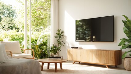 Naklejka premium A Modern Living Room Bathed in Natural Light, Showcasing a Stylish TV Setup, Cozy Sofa, and Lush Greenery That Invites Serenity and Comfort into Daily Life.