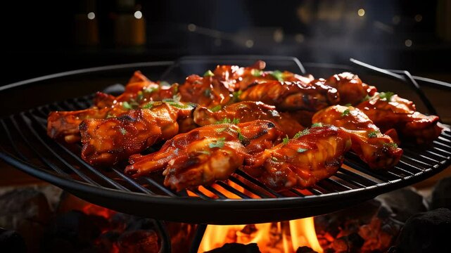 Succulent barbecue chicken wings grilling over an open flame in a backyard setting during summer