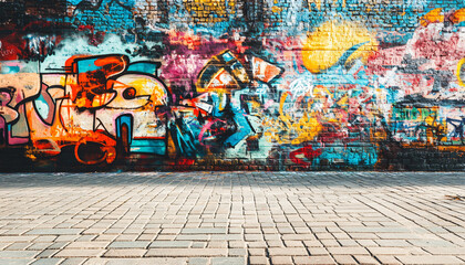 Fototapeta premium A graffiti-covered urban wall, showcasing vibrant colors, bold lines, and an edgy, artistic vibe