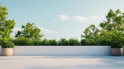 Modern Outdoor Terrace with Lush Greenery and Clear Blue Sky on a Sunny Day