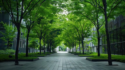 Fototapeta premium A pathway lined with fresh green trees leading up to a modern office building, inviting and serene. 