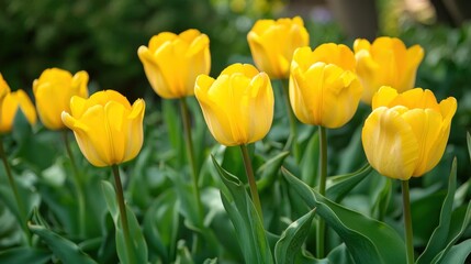 Obraz premium Yellow tulips in a field during spring, showcasing their natural beauty in an outdoor setting.