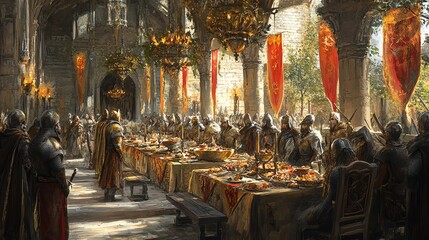 A grand medieval banquet scene featuring knights, a lavish table, and ornate decorations in a castle hall.