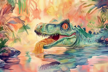 A vibrant illustration of a dinosaur in a lush, colorful environment, showcasing nature's beauty and prehistoric charm.