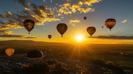 Obraz premium Balloons rising in the sky as the sun begins to set, casting a golden glow at the Albuquerque International Balloon Fiesta.