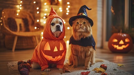 Pet-friendly Halloween costumes feature adorable dogs dressed as pumpkins and charming cats dressed as witches, creating a cute and family-friendly atmosphere that embraces trendy celebrations