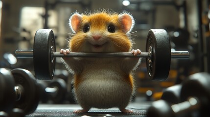 A determined hamster lifting a dumbbell in a gym, exaggerated muscles, humorous cartoon style