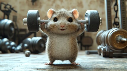 A determined hamster lifting a dumbbell in a gym, exaggerated muscles, humorous cartoon style