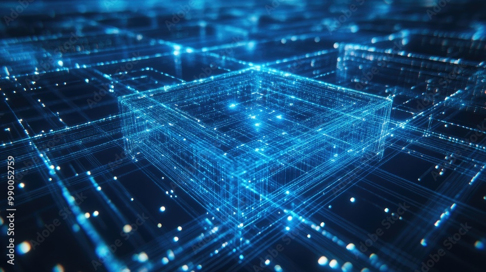 Poster blue square wireframe with plexus network lines, symbolizing advanced digital technology and connect